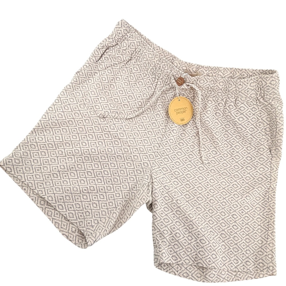 Common People Diamond Shorts Mens XL Cream/Blue Geo NWT Linen Blend Drawstring